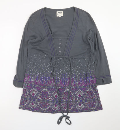 Mantaray Women Grey Purple Tunic Top Size 14 Long Sleeve Embellished