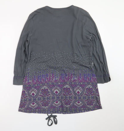 Mantaray Women Grey Purple Tunic Top Size 14 Long Sleeve Embellished