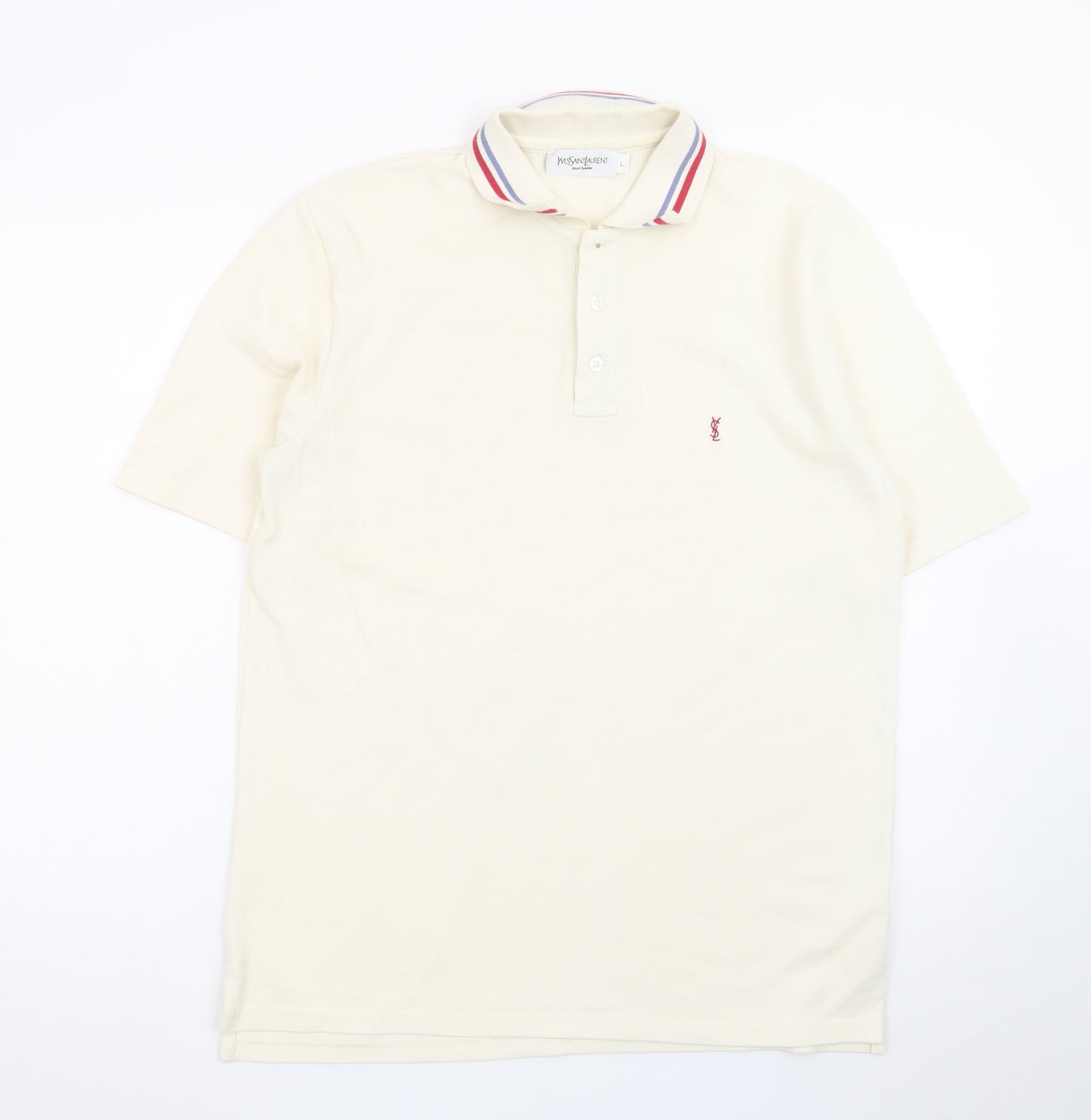Yves Saint Laurent Men’s Ivory Polo Shirt L Classic Collared Cotton Blend