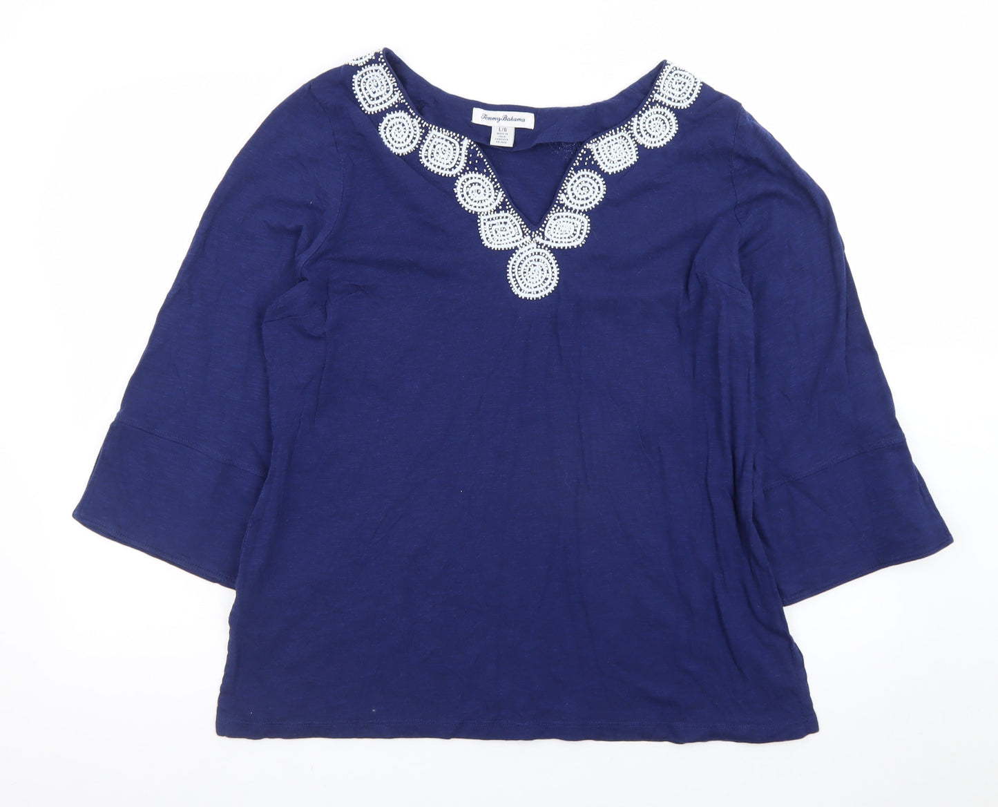 Tommy Bahama Womens Blue Cotton Tunic Blouse L Embroidered V-Neck