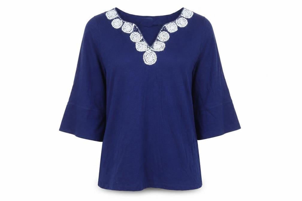 Tommy Bahama Womens Blue Cotton Tunic Blouse L Embroidered V-Neck