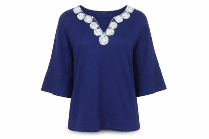 Tommy Bahama Womens Blue Cotton Tunic Blouse L Embroidered V-Neck