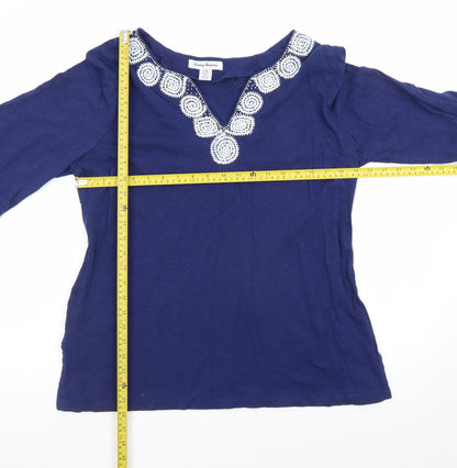 Tommy Bahama Womens Blue Cotton Tunic Blouse L Embroidered V-Neck