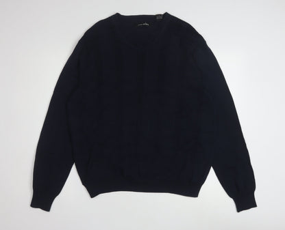 John Henry Men's Blue Cotton V-Neck Jumper Size L
