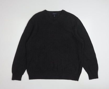 Lands' End Men's Black Cotton V-Neck Cable-Knit Jumper Size L