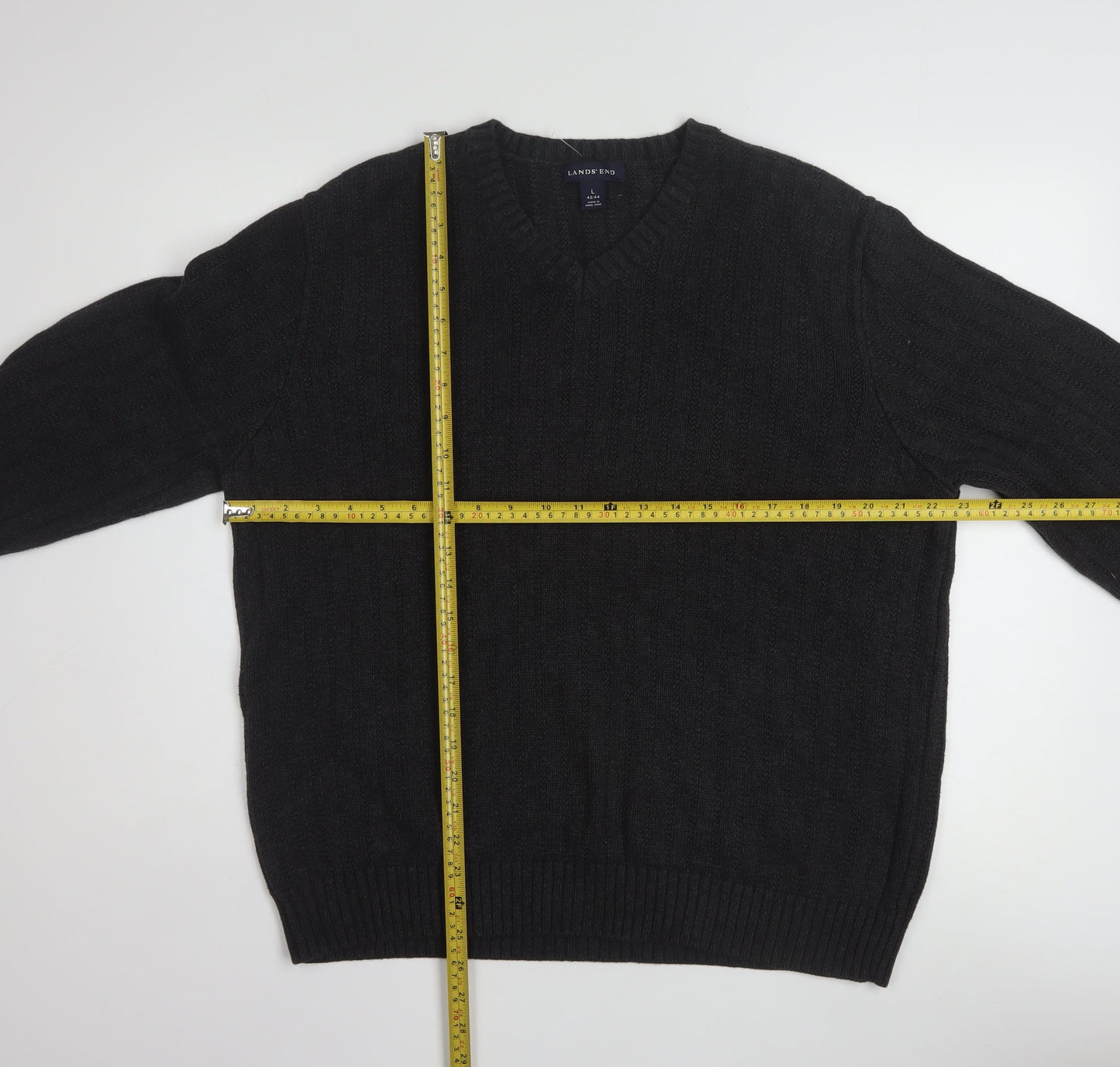 Lands' End Men's Black Cotton V-Neck Cable-Knit Jumper Size L