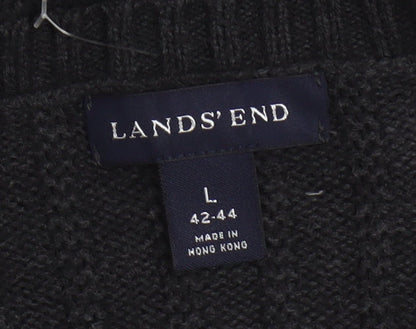 Lands' End Men's Black Cotton V-Neck Cable-Knit Jumper Size L