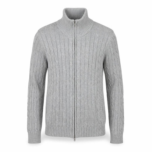 Front view of Anne Klein Sport unisex grey cable-knit cotton full zip jumper s