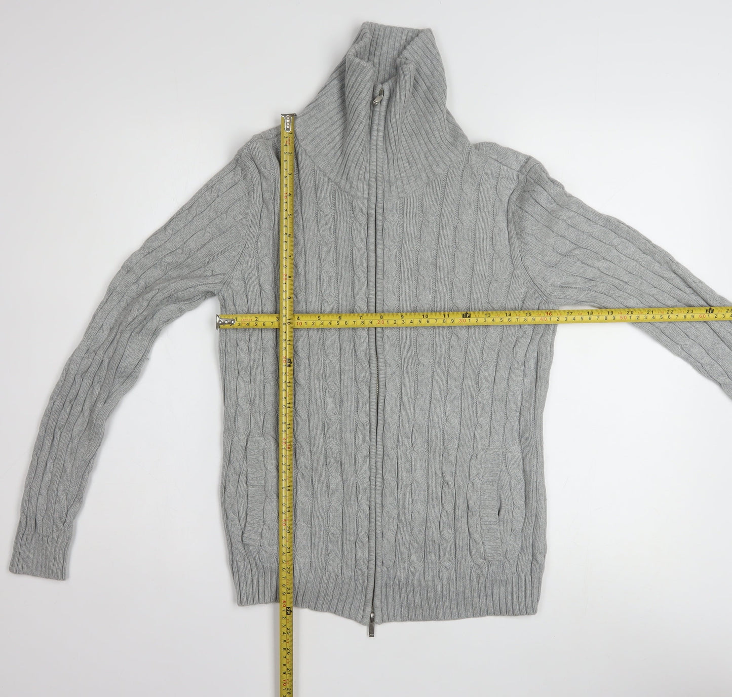 Anne Klein Sport Unisex Grey Cable-Knit Cotton Full Zip Jumper S