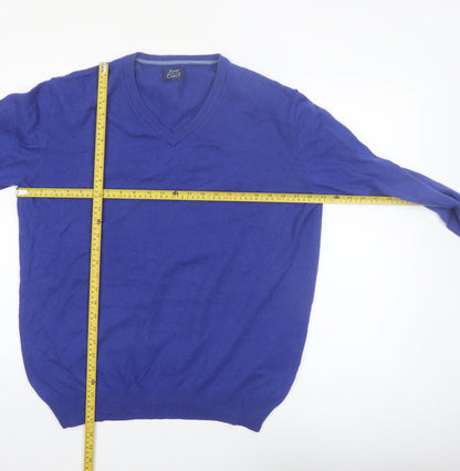 John Cabot Men's Blue Wool V-Neck Jumper Size L