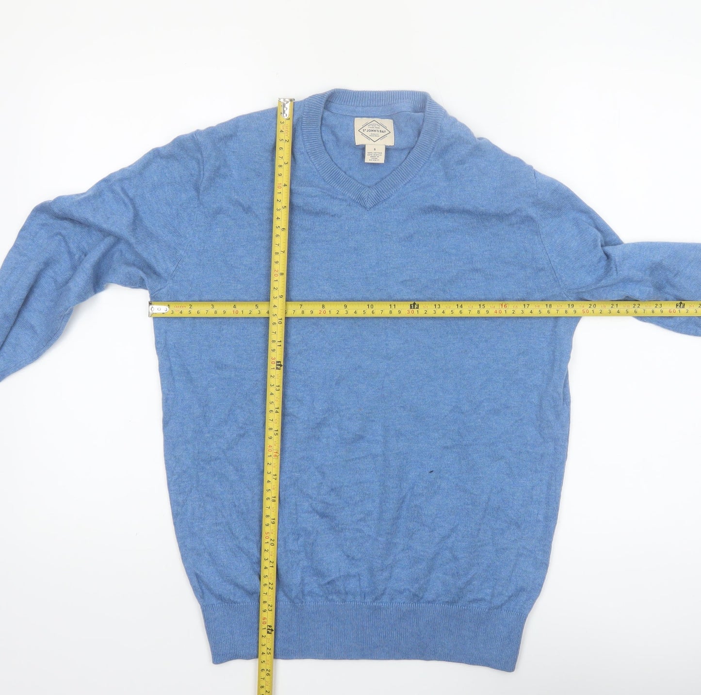 St John's Bay Men's Blue V-Neck Cotton Blend Jumper Size S