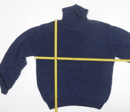 Orvis Men's Blue Roll Neck Cotton Jumper Size L Classic Knit Pullover