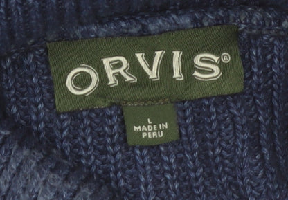 Orvis Men's Blue Roll Neck Cotton Jumper Size L Classic Knit Pullover