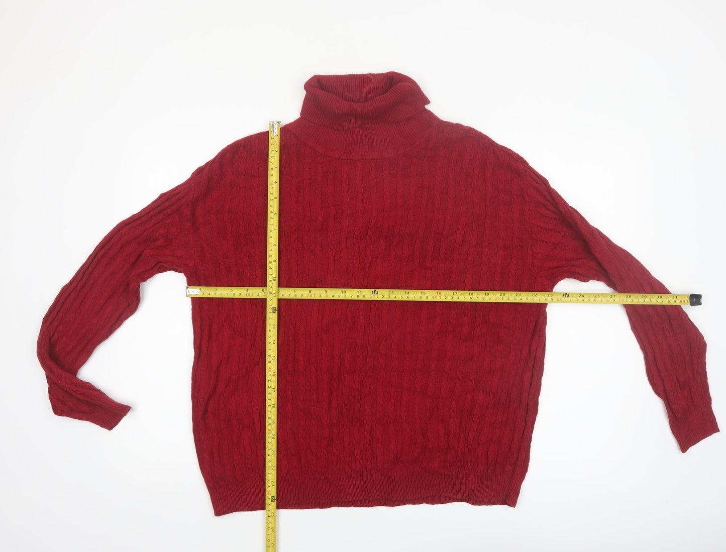 Orvis Women’s Red Roll Neck Cable-Knit Wool Pullover Jumper Size L