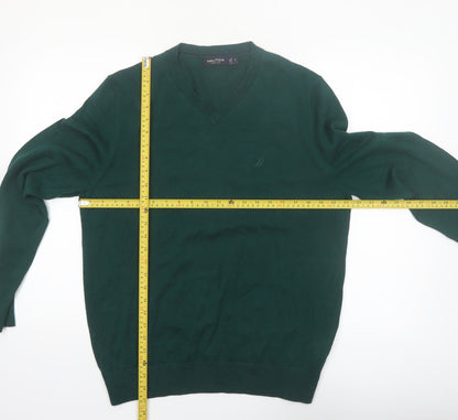Nautica Men’s Green Cotton V-Neck Jumper Size M Classic Knit