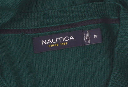 Nautica Men’s Green Cotton V-Neck Jumper Size M Classic Knit