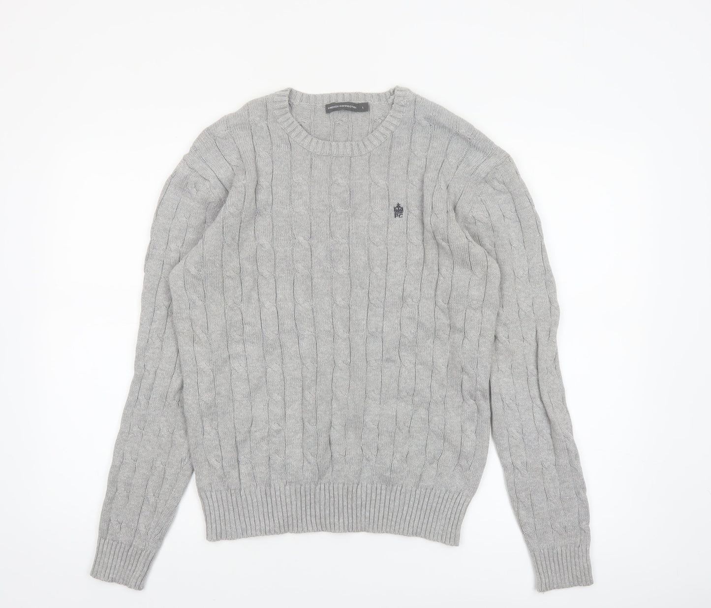 French Connection Men’s Grey Cable-Knit Cotton Jumper L