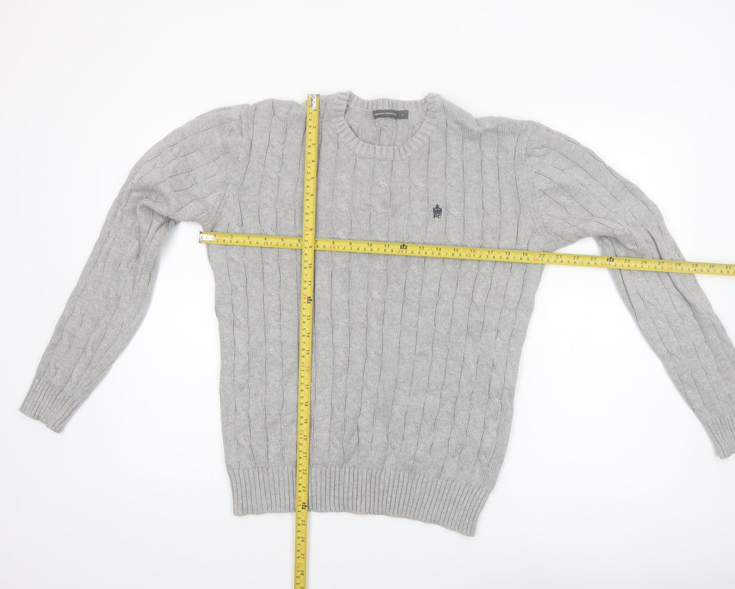 French Connection Men’s Grey Cable-Knit Cotton Jumper L