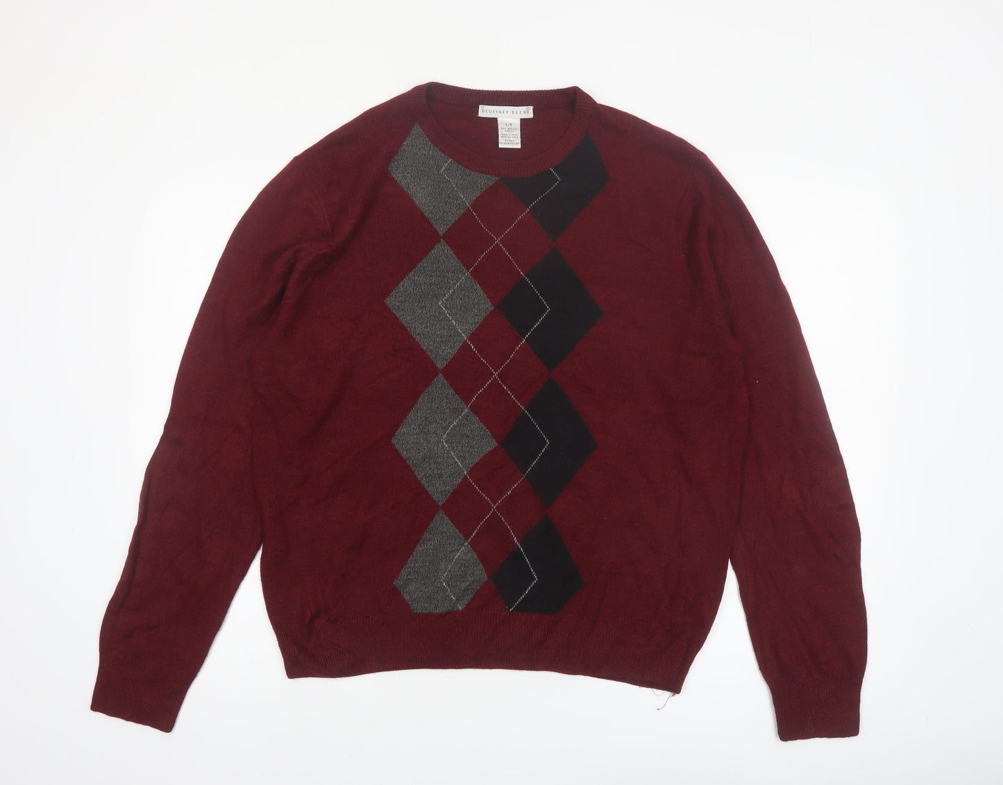 Geoffrey Beene Men's Burgundy Argyle Crew Neck Acrylic Jumper L