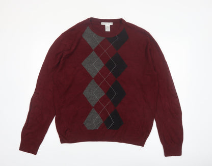 Geoffrey Beene Men's Burgundy Argyle Crew Neck Acrylic Jumper L