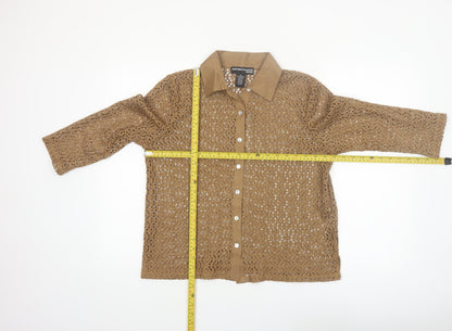 Norton McNaughton Women Brown Crochet Button-Up Petite L 3/4 Sleeve Blouse