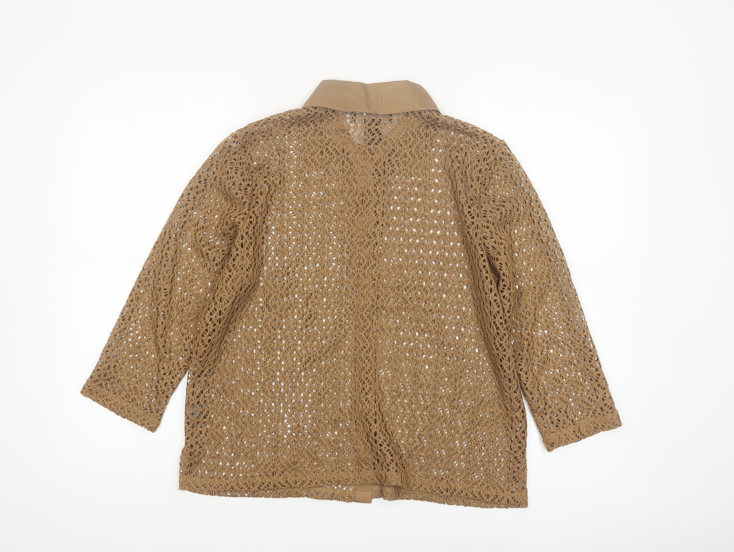 Norton McNaughton Women Brown Crochet Button-Up Petite L 3/4 Sleeve Blouse