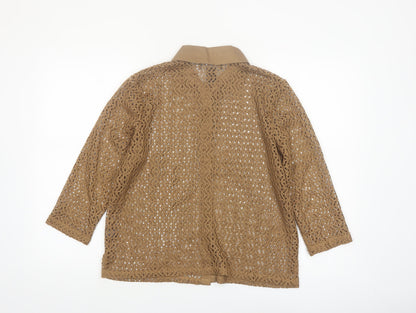 Norton McNaughton Women Brown Crochet Button-Up Petite L 3/4 Sleeve Blouse