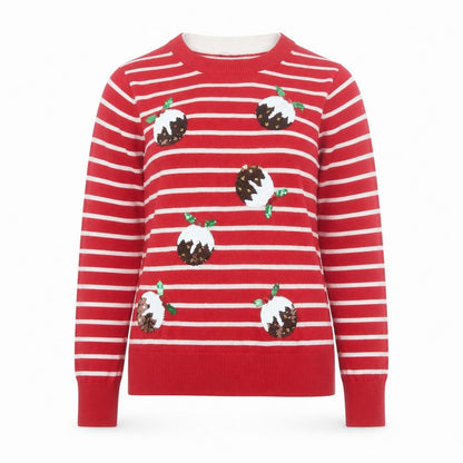 Joules Women’s Red Striped Christmas Pudding Sequin Jumper Size 8