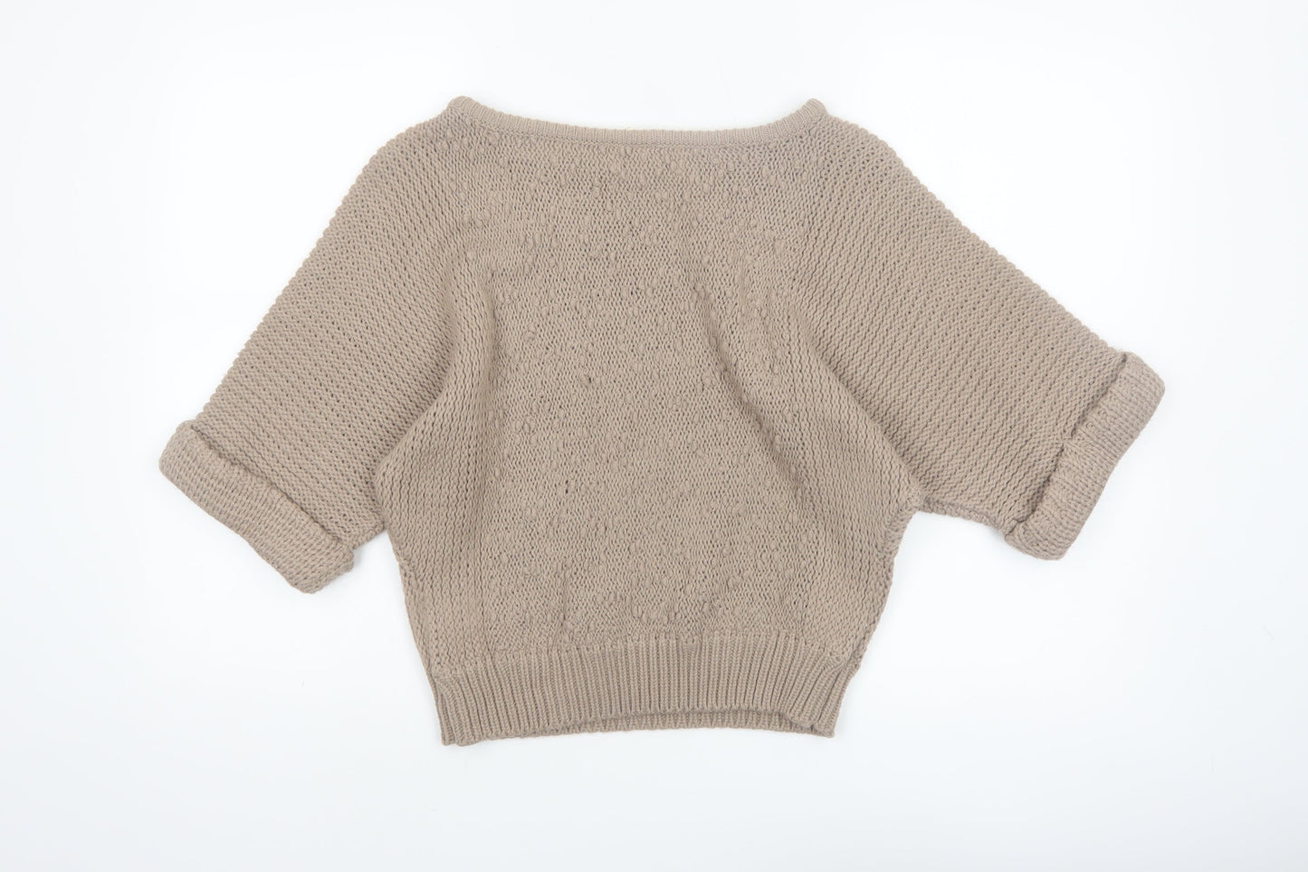 Etam Women Beige Chunky Knit Boat Neck Short Sleeve Pullover Jumper One Size