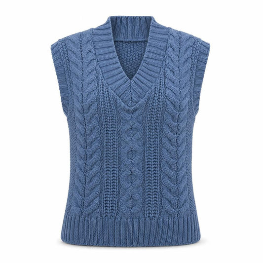 Cotton Traders Womens Blue Cable-Knit Sleeveless V-Neck Vest Jumper Size 16
