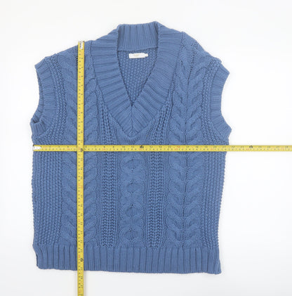 Cotton Traders Womens Blue Cable-Knit Sleeveless V-Neck Vest Jumper Size 16
