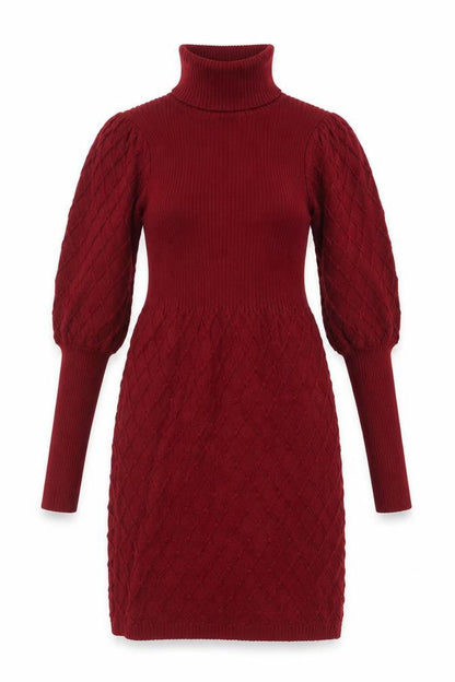 Simplee Women's Red Knit Roll Neck Puff Sleeve Sweater Dress M