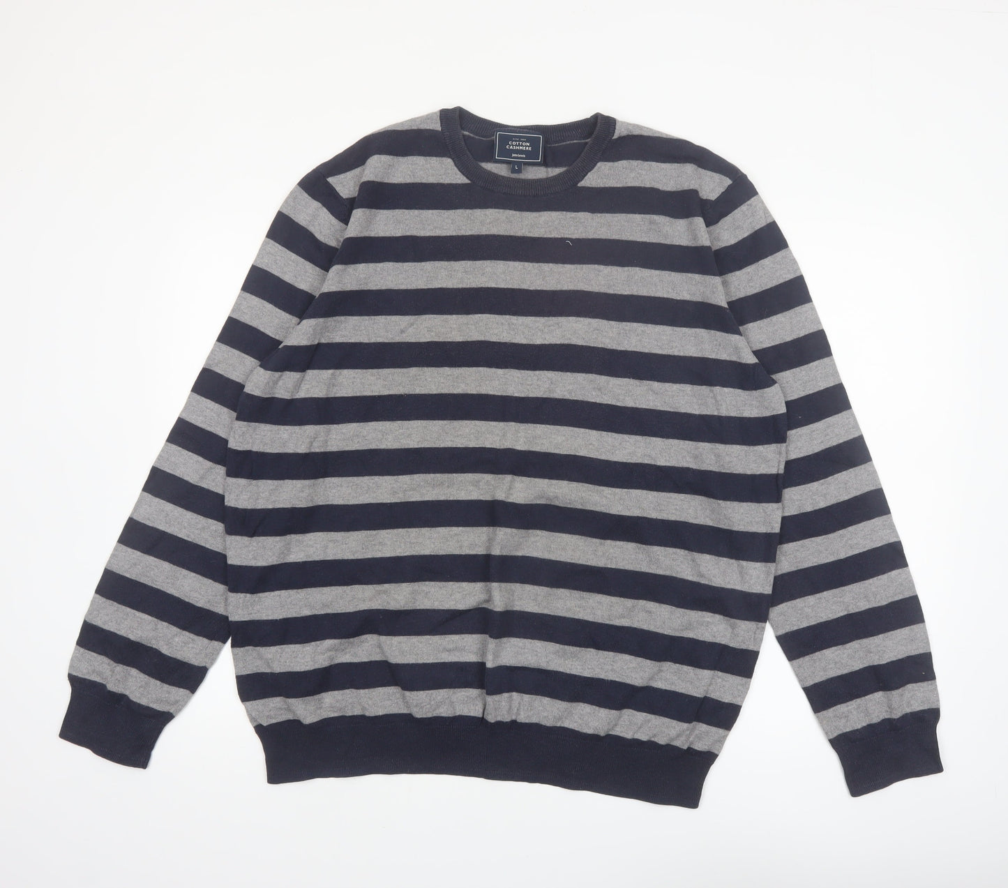 John Lewis Men's Grey Striped Cotton Cashmere Pullover Jumper L