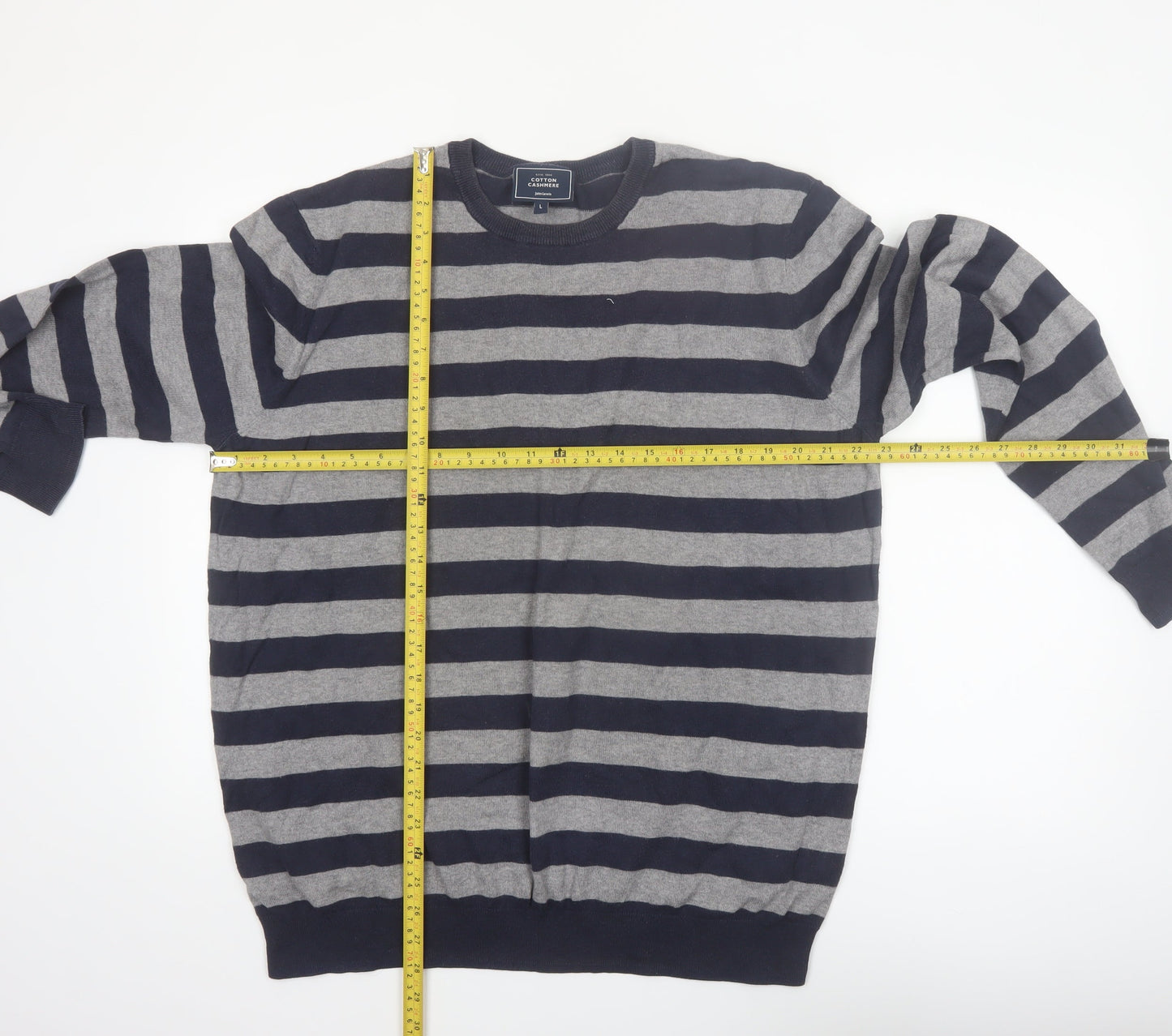 John Lewis Men's Grey Striped Cotton Cashmere Pullover Jumper L