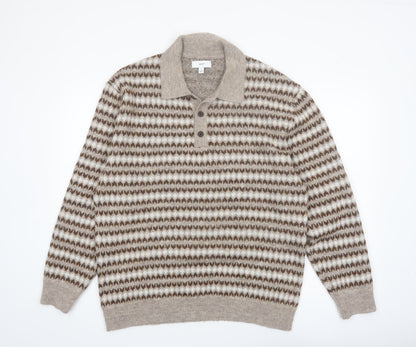 Next Men’s Beige Wool Blend Collared Henley Jumper Size L