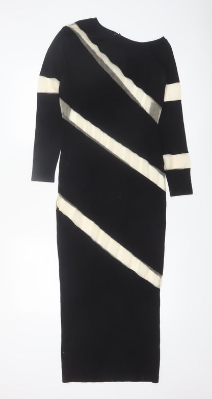 PrettyLittleThing Womens Black Midi Bodycon Dress M Colourblock Knit
