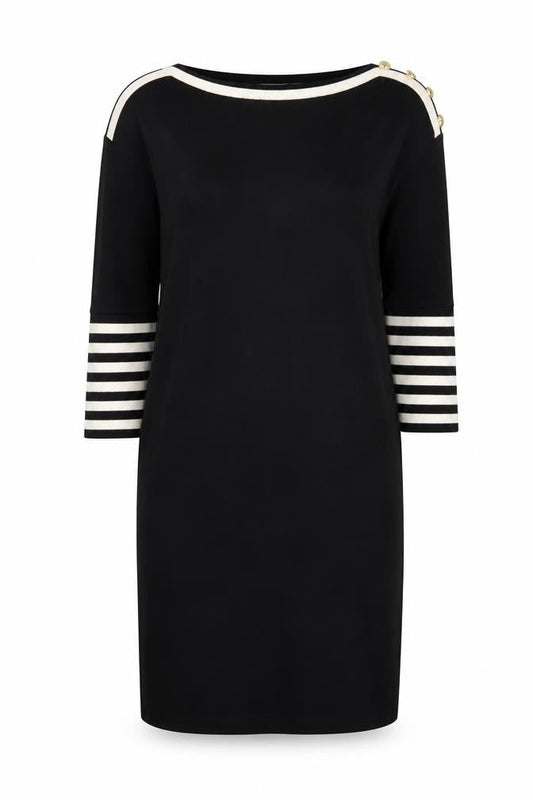 Liz Claiborne Women Black Petite S Striped Shift Knit Dress