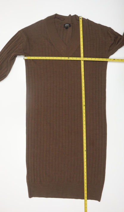 ONLY Women’s Brown Ribbed Knit Midi Jumper Dress M V-Neck Long Sleeve