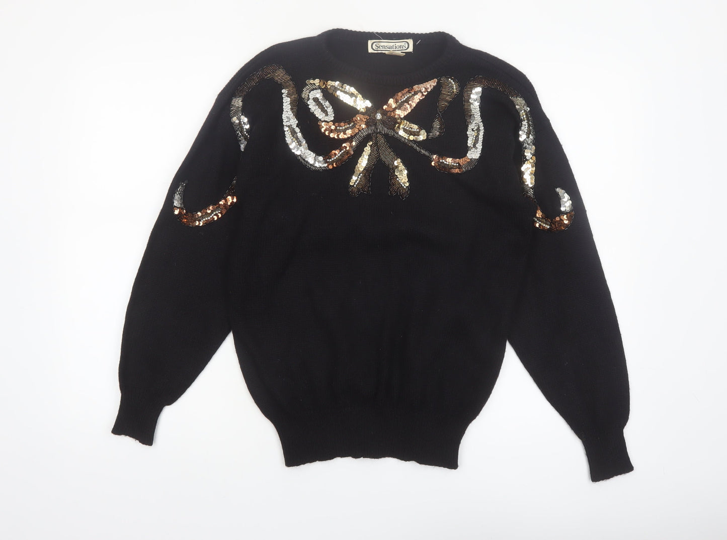 Sensations Womens Black Sequin Bow 80s Vintage Jumper M