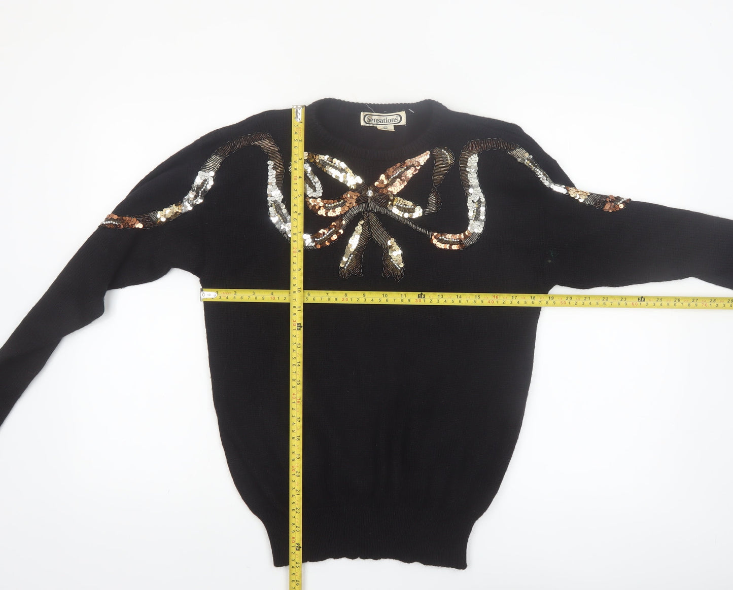 Sensations Womens Black Sequin Bow 80s Vintage Jumper M