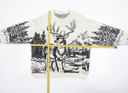 Pull&Bear Women Ivory Deer Graphic Knit Jumper Size 12