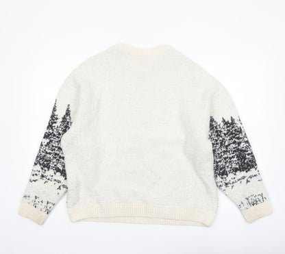 Pull&Bear Women Ivory Deer Graphic Knit Jumper Size 12