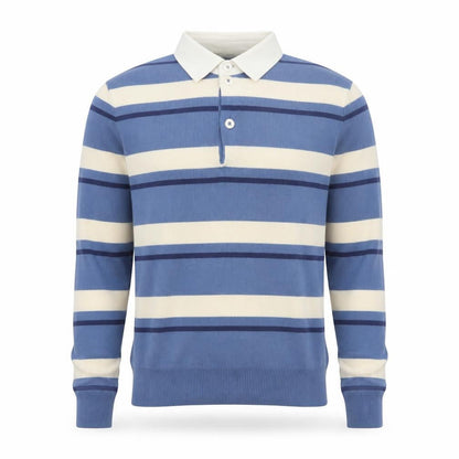 Marks & Spencer Men's Blue Striped Long Sleeve Cotton Polo S