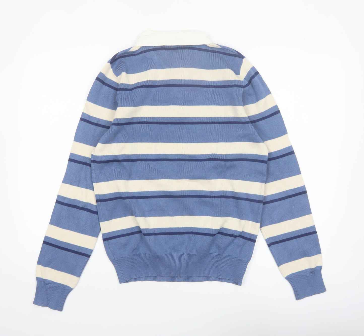 Marks and Spencer Men's Blue Striped Long Sleeve Cotton Polo S