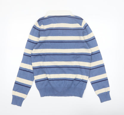 Marks and Spencer Men's Blue Striped Long Sleeve Cotton Polo S