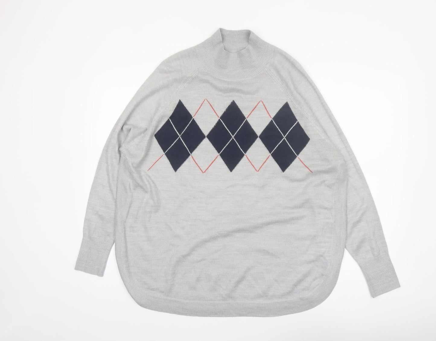 Marks and Spencer Women's Grey Argyle Mock Neck Knit Jumper Size M