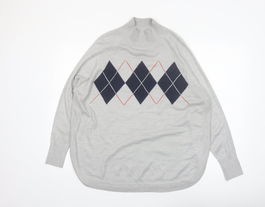 Marks and Spencer Women's Grey Argyle Mock Neck Knit Jumper Size M
