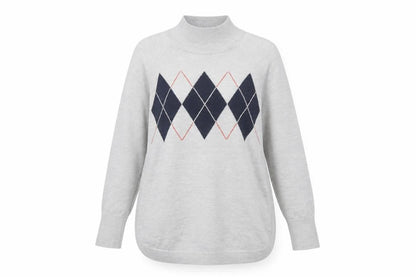 Marks & Spencer Women's Grey Argyle Mock Neck Knit Jumper Size M