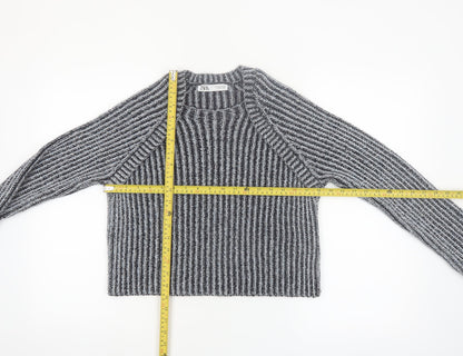 Zara Women Grey Striped Chunky-Knit Pullover Jumper Size 12