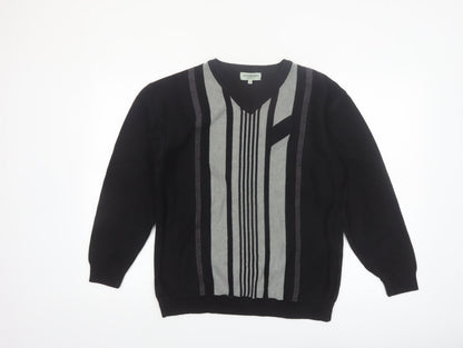 Greenwoods Mens Black Grey V-Neck Geometric Knit Jumper M